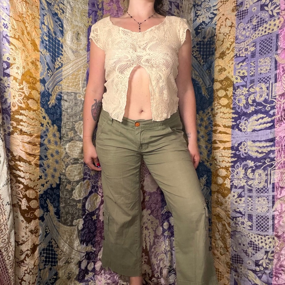 Y2K Wet Seal Whimsy Cottage Split Sleeve Cream Crochet Open Knit Lace Top M-L